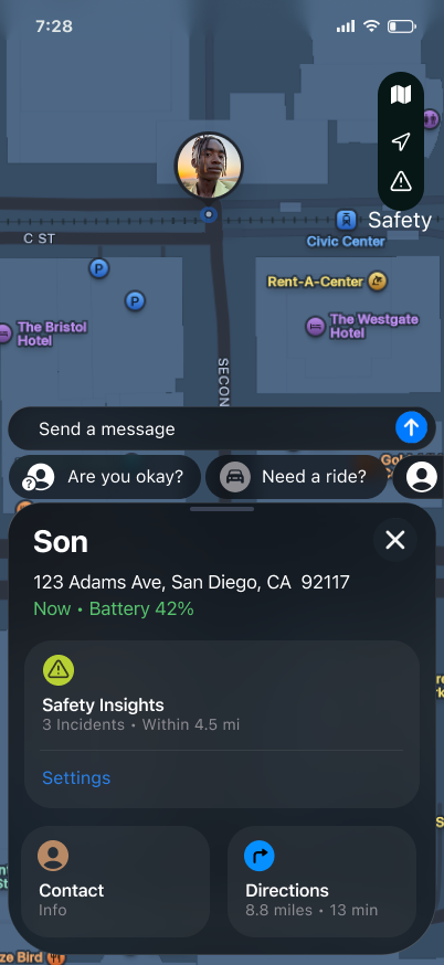 Person card with safety insights and quick actions